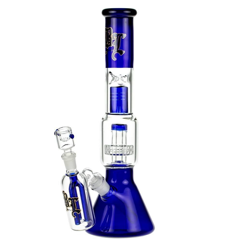 Black Leaf  Beaker Ice Bong with Drum Percolator | Boxed Set - Side View 2 with Herb Bowl and Pre-cooler