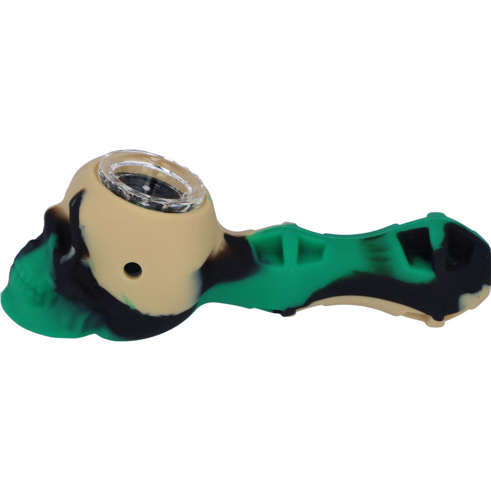 Silicone 2 in 1 Skull Pipe with Metal Dab Tool | Black Green Beige | Side view
