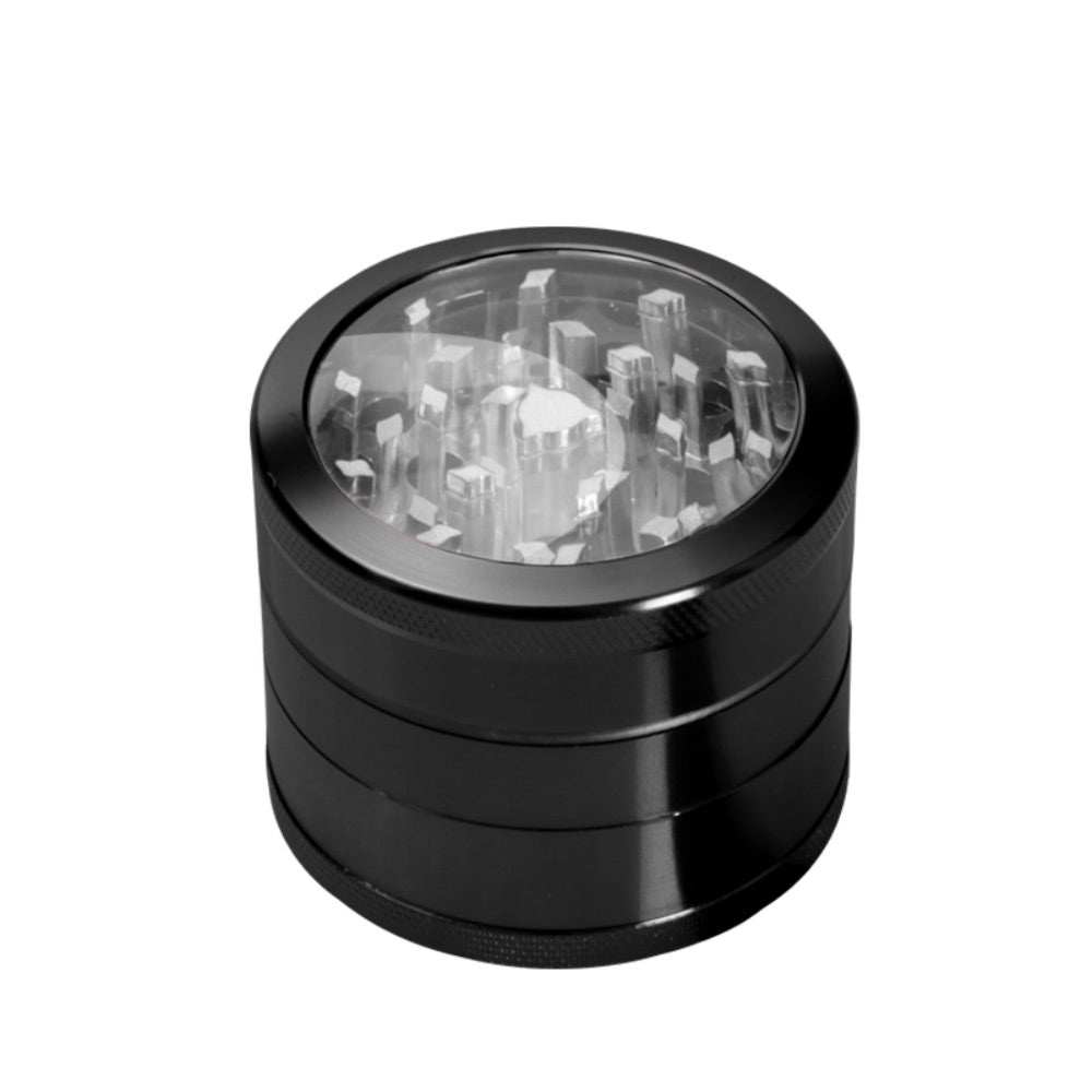 Metal Herb Grinder with Pollen Screen and Magnetic Window Lid | 48mm | Black