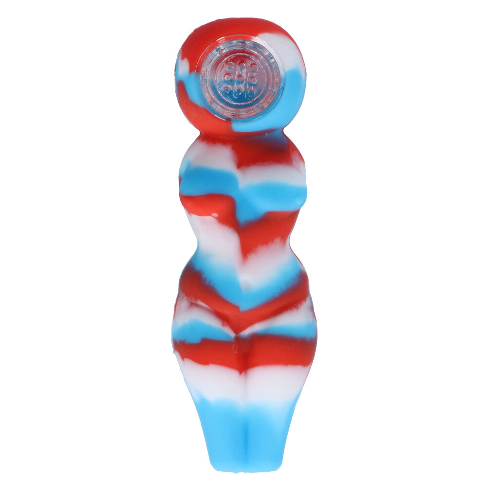 Curvy Silicone Spoon Pipe with Insert Glass Bowl | Red/White/Blue - Top View