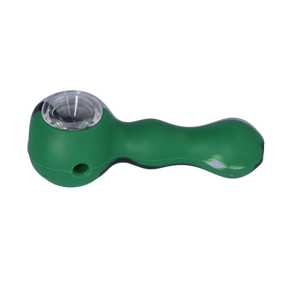 Silicone Spoon Pipe with Inlaid Glass Bowl | Green/Black/Grey - Side View