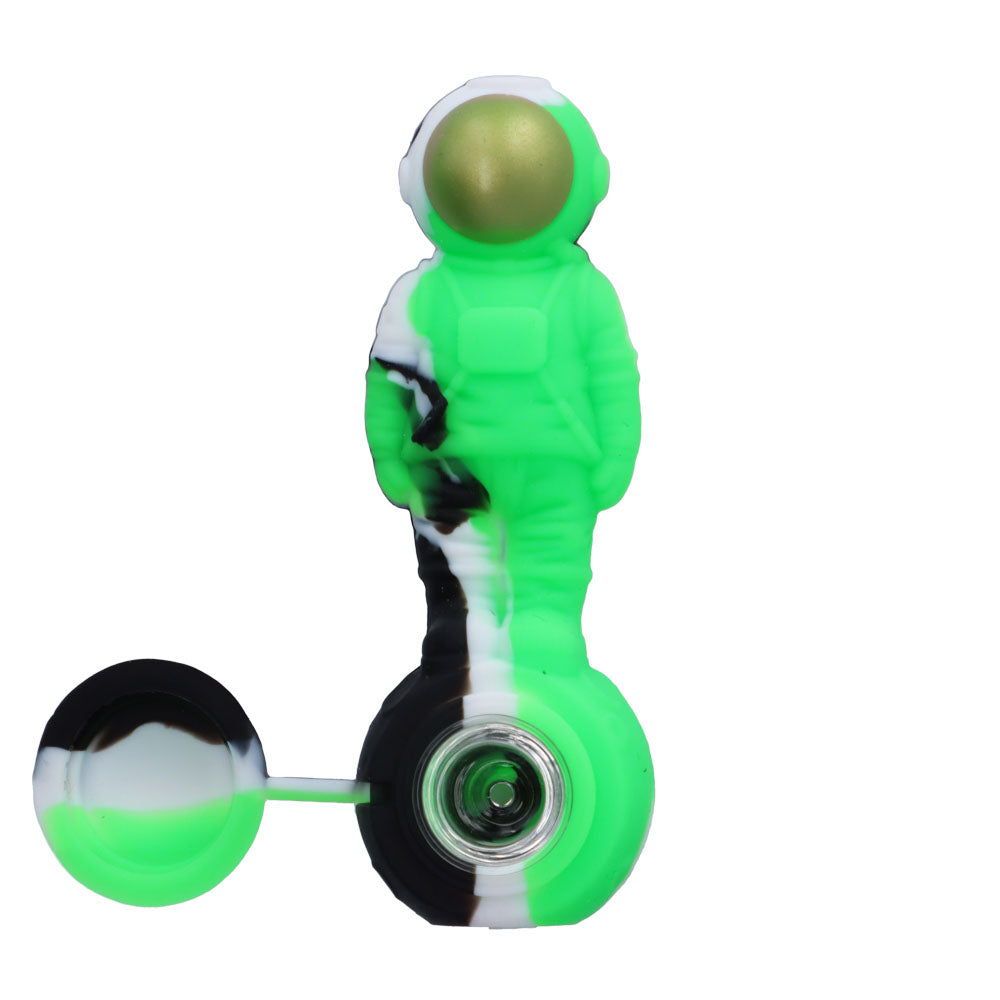 Silicone Astronaut Hand Pipe with Glass Bowl | 5 Inch | Black/Green | top view | open lid