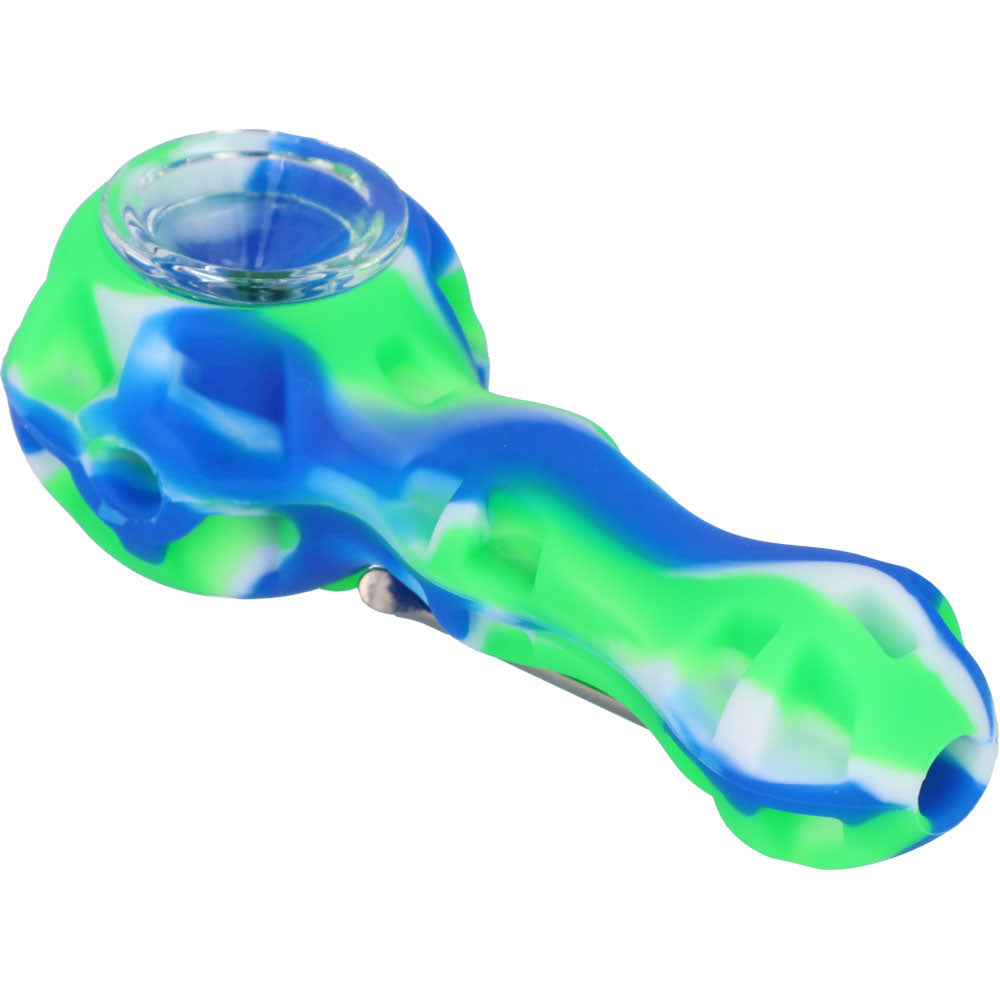 Silicone 2 in 1 Pipe with Metal Dab Tool | Random Color | Green/Blue | side view 3