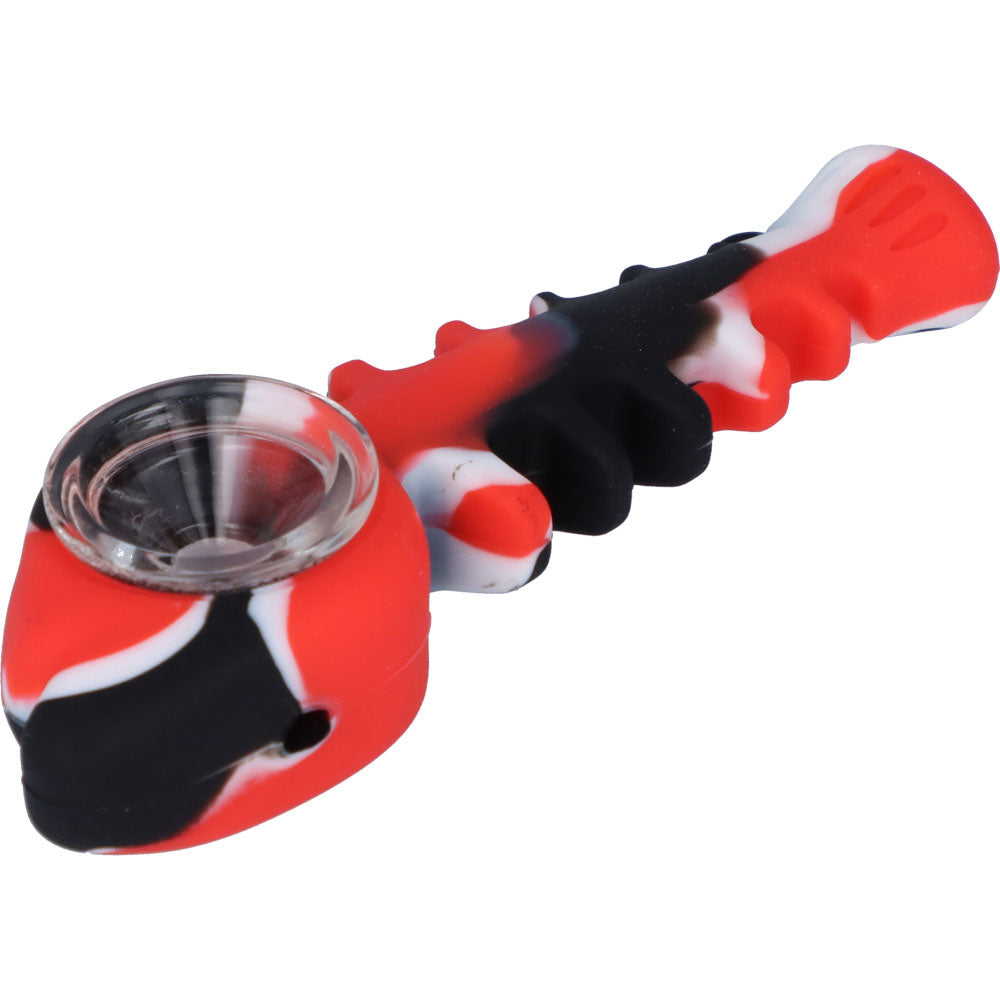 Silicone Fish Bone Hand Pipe with Glass Bowl  | Red  | side view 4
