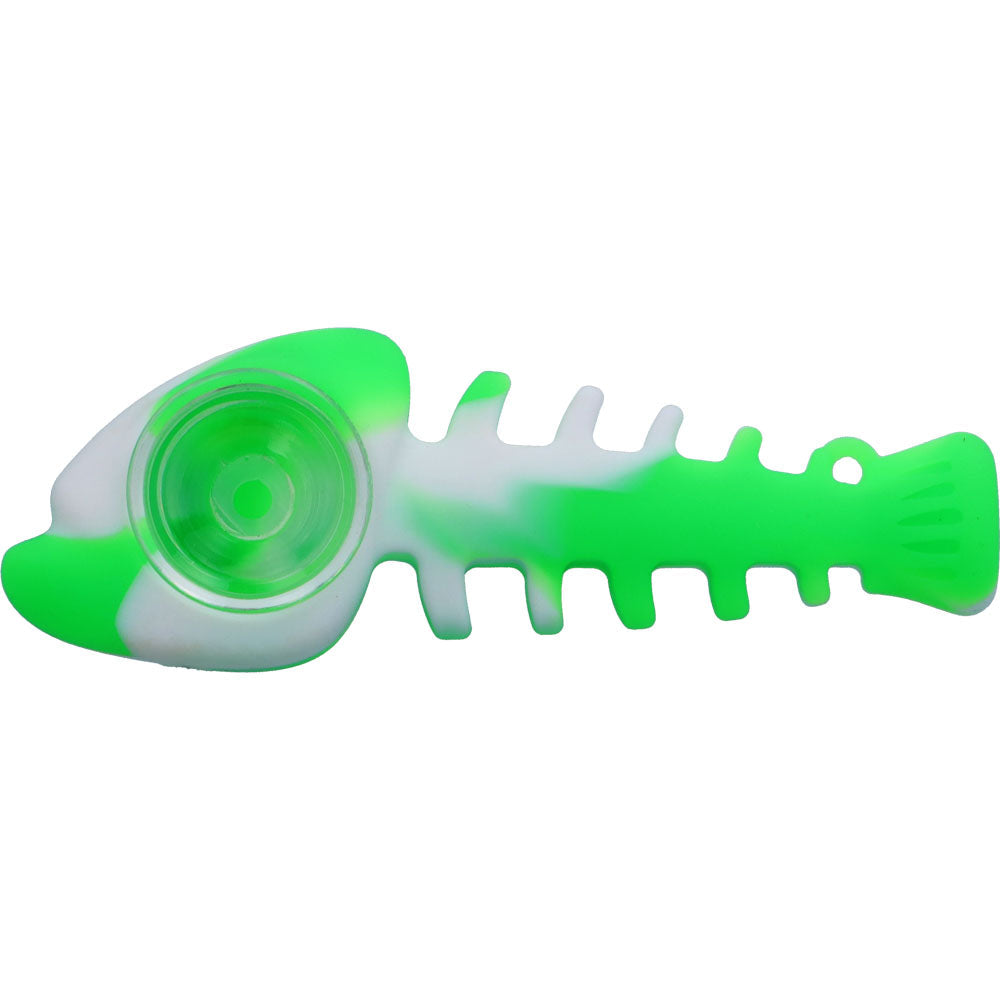 Silicone Fish Bone Hand Pipe with Glass Bowl  | Green  | side view 1